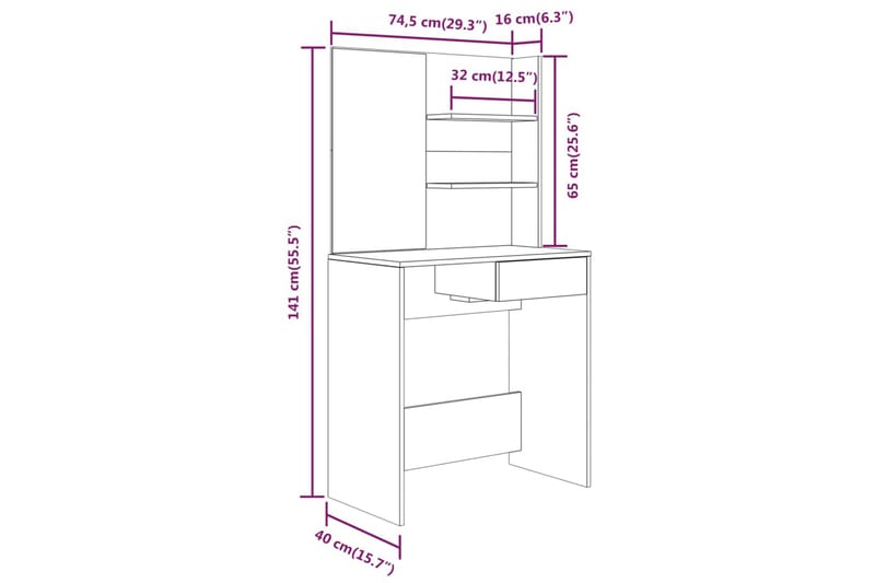 beBasic makeupbord med spejl 74,5x40x141 cm sonoma-eg - Brun - Møbler - Borde - Sminkebord & konsolbord