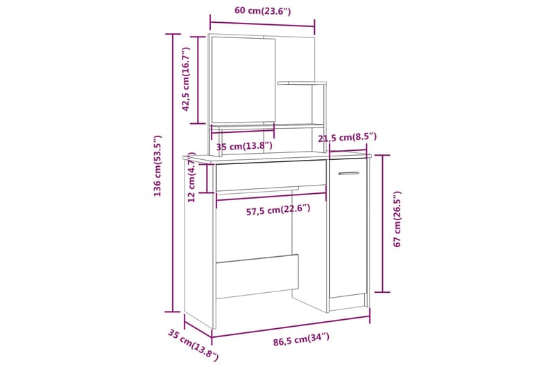 beBasic makeupbord med spejl 86,5x35x136 cm brun egetræsfarve - Brun - Møbler - Borde - Sminkebord & konsolbord