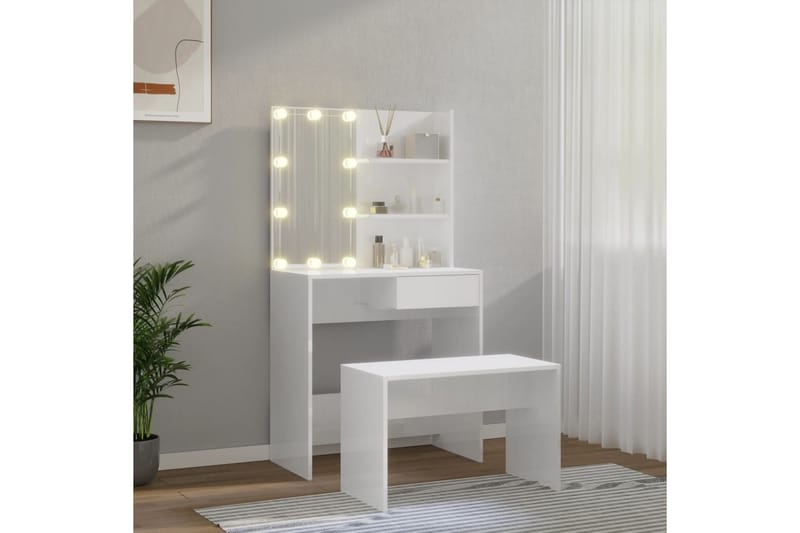 beBasic makeupbordssæt med LED-lys konstrueret træ hvid højglans - Hvid - Møbler - Borde - Sminkebord & konsolbord