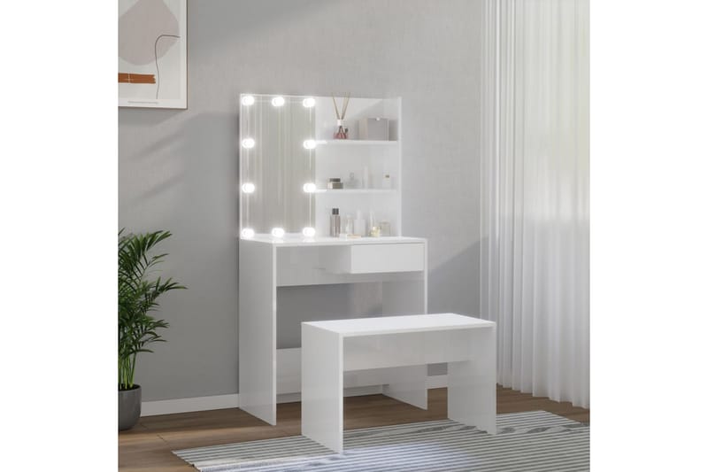 beBasic makeupbordssæt med LED-lys konstrueret træ hvid højglans - Hvid - Møbler - Borde - Sminkebord & konsolbord