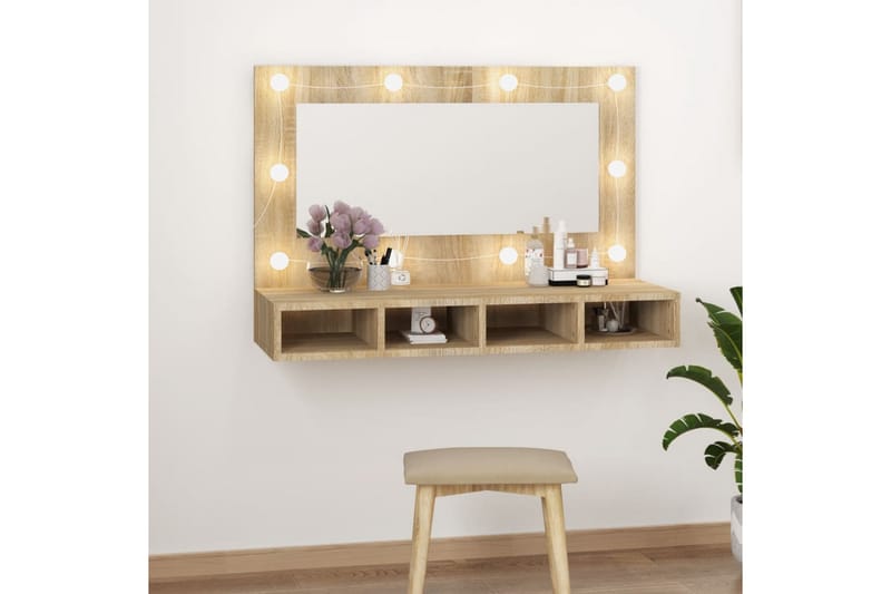 beBasic spejlskab med LED-lys 90x31,5x62 cm sonoma-eg - Brun - Møbler - Borde - Sminkebord & konsolbord