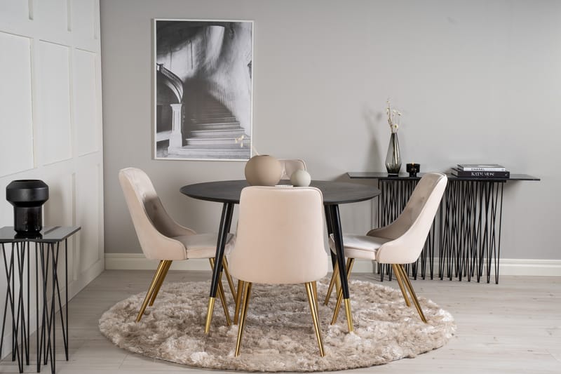 Dipp Spisebordssæt 115 cm Rund med 4 Velvet Stole - Beige - Møbler - Borde - Spisebordssæt