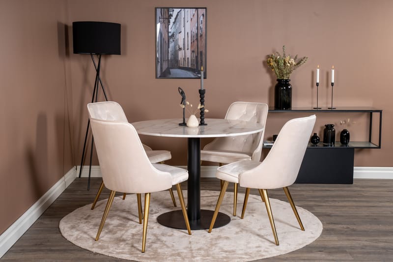 Estelle Spisebordssæt 106 cm Rund med 4 Velvet Stole - Beige - Møbler - Borde - Spisebordssæt