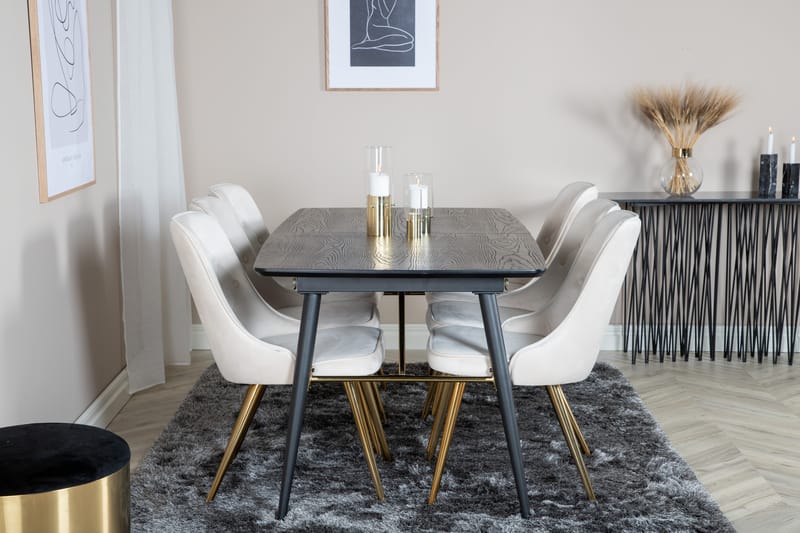 Gold Spisebordssæt Udvideligt 180-220 cm Rektangulær med 6 Velvet Stole - Beige - Møbler - Borde - Spisebordssæt