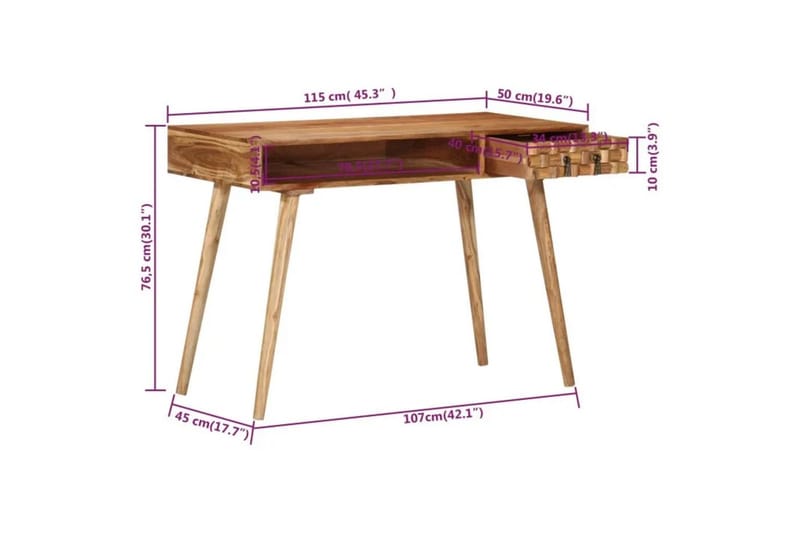 beBasic skrivebord 115x50x76 cm massivt akacietræ - Brun - Skrivebord