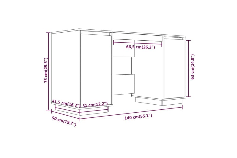 beBasic skrivebord 140x50x75 cm massivt fyrretræ - Brun - Møbler - Borde - Kontorbord - Skrivebord