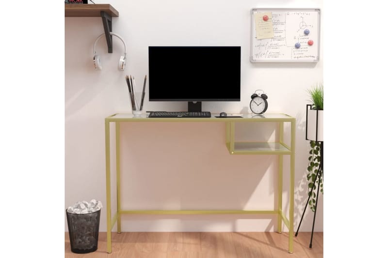 computerbord 100x36x74 cm glas hvid og guldfarvet - Hvid - Møbler - Borde - Kontorbord - Skrivebord