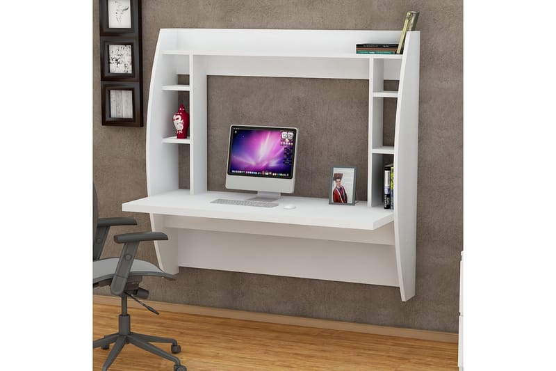 Ambalaj Vægskrivebord 120 cm med Opbevaring Hylder - Hvid - hæve-sænke-bord - Skrivebord - Computerbord