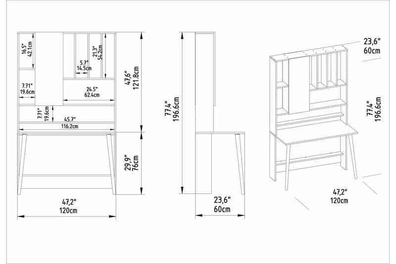 Andifli Skrivebord 60x196,6x120 cm med opbevaring - Hvid - Møbler - Borde - Kontorbord - Skrivebord