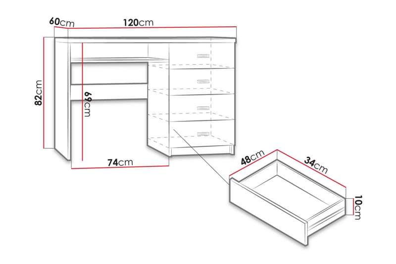 Castillia Skrivebord 120 cm med Opbevaring 4 Skuffer + Hylde - Hvid - Møbler - Borde - Kontorbord - Skrivebord