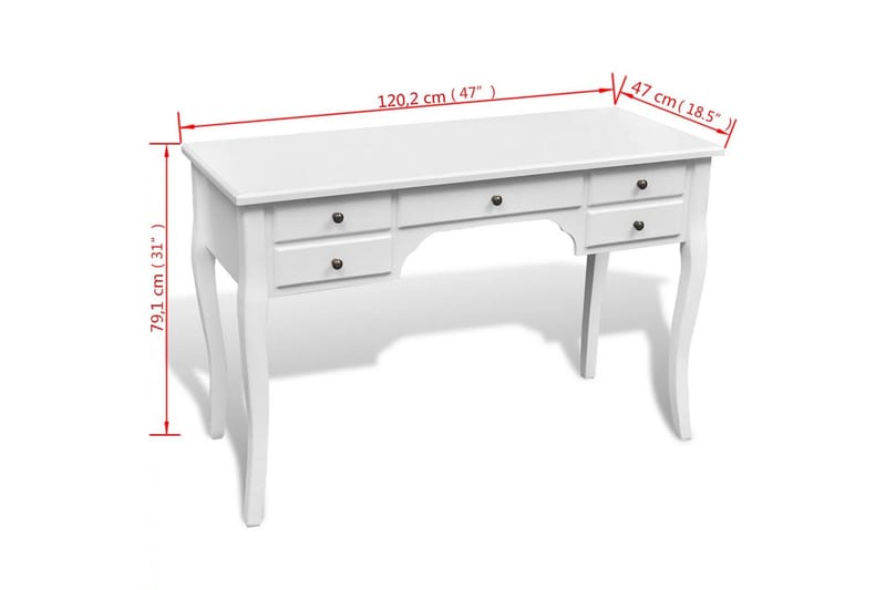 Fransk Skrivebord I Træ Med Buede Ben 5 Skuffer - Hvid - Møbler - Borde - Kontorbord - Skrivebord