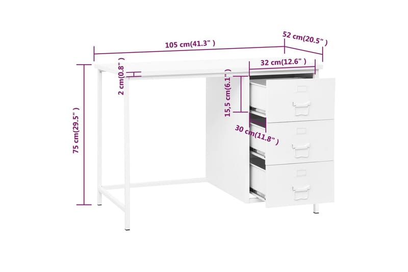 industrielt skrivebord med skuffer 105x52x75 cm stål hvid - Hvid - Møbler - Borde - Kontorbord - Skrivebord