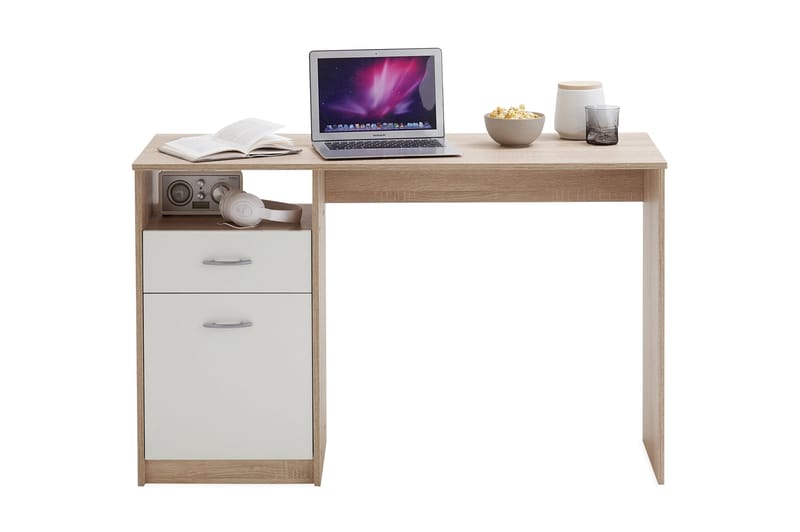 Jackson Skrivebord 123 cm med Opbevaring Hylde + Skuffe + Sk - Hvid/Træ - hæve-sænke-bord - Skrivebord - Computerbord