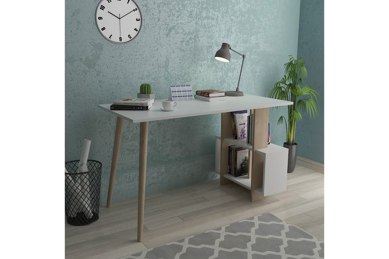Keachi Side Skrivebord 120 cm med Opbevaring Hylder - Natur/Hvid - hæve-sænke-bord - Skrivebord - Computerbord