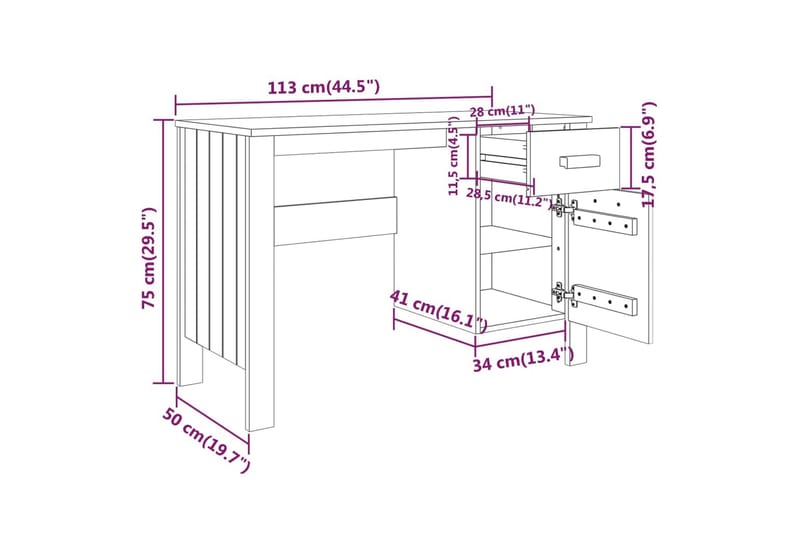 skrivebord 113x50x75 cm massivt fyrretræ gyldenbrun - Brun - Møbler - Borde - Kontorbord - Skrivebord