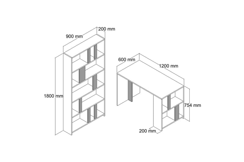 Timiza Skrivebord 120 cm med Opbevaring Hylde + Bogreol - Hvid/Antracit - Møbler - Borde - Kontorbord - Skrivebord