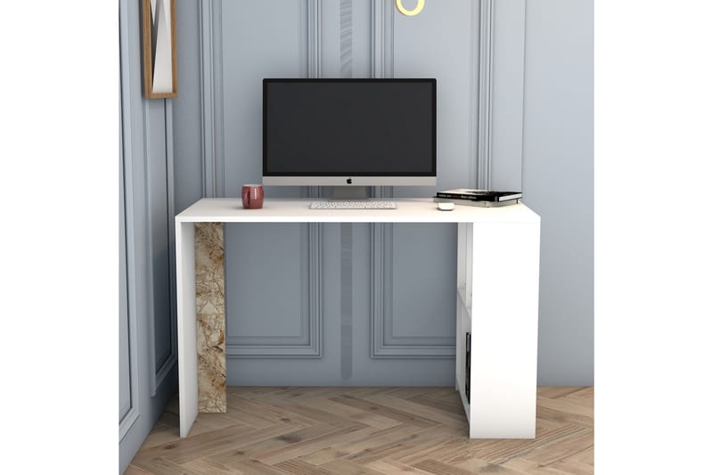 Timiza Skrivebord 120 cm med Opbevaring Hylde Marmormønster - Hvid - hæve-sænke-bord - Skrivebord - Computerbord