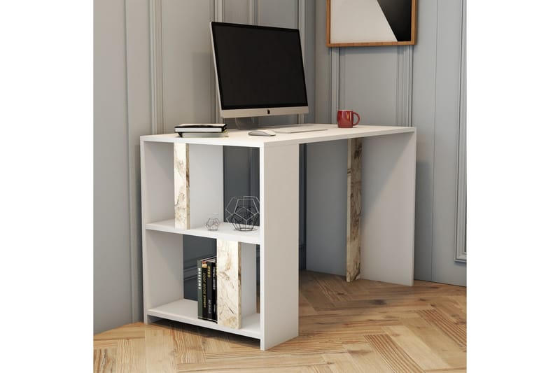 Timiza Skrivebord 120 cm med Opbevaring Hylde Marmormønster - Hvid - hæve-sænke-bord - Skrivebord - Computerbord