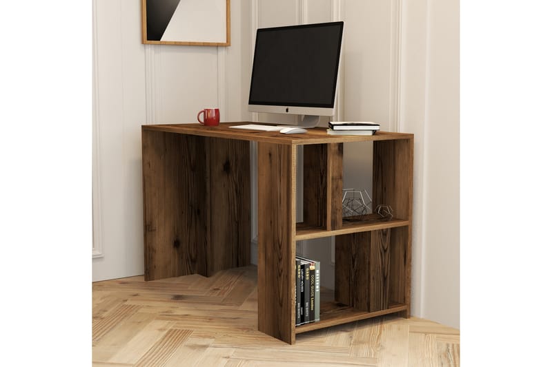 Timiza Skrivebord 120 cm med Opbevaring Hylde - Valnøddebrun - hæve-sænke-bord - Skrivebord - Computerbord