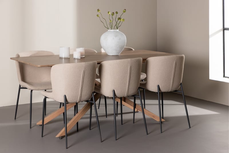 Piazza Spisegruppe 180 cm Rektangulær med 6 Modesto stole - Mocca/Beige - Møbler - Borde - Spisebordssæt