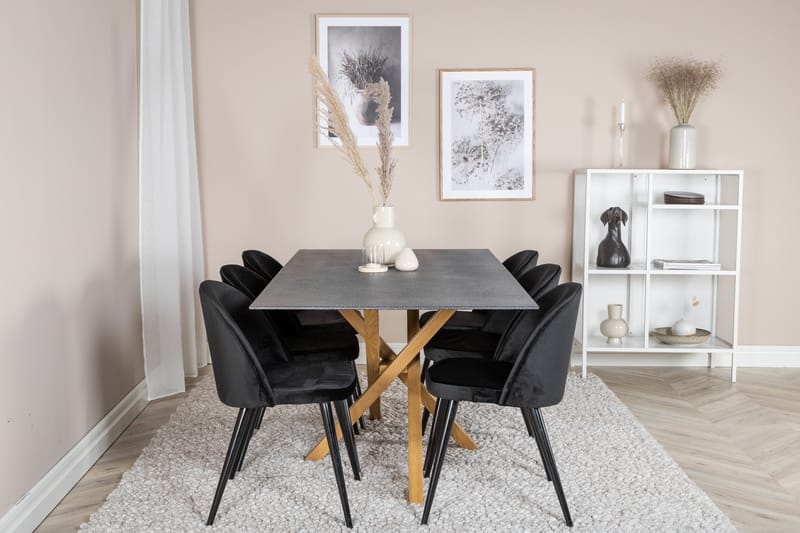 Piazza Spisegruppe 180 cm Rektangulær med 6 Velvet Stole - Sort - Møbler - Borde - Spisebordssæt