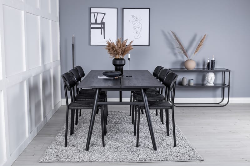 Sleek Spisegruppe Udtrækbar 195 cm Rektangulær med 6 Polly stole - Svart - Møbler - Borde - Spisebordssæt