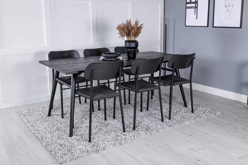 Sleek Spisegruppe Udtrækbar 195 cm Rektangulær med 6 Polly stole - Svart - Møbler - Borde - Spisebordssæt