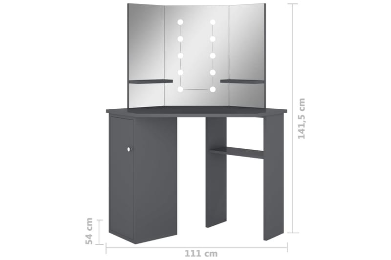 kosmetikbord til hjørne med LED-lys 111x54x141,5 cm grå - Grå - Møbler - Borde - Sminkebord & konsolbord