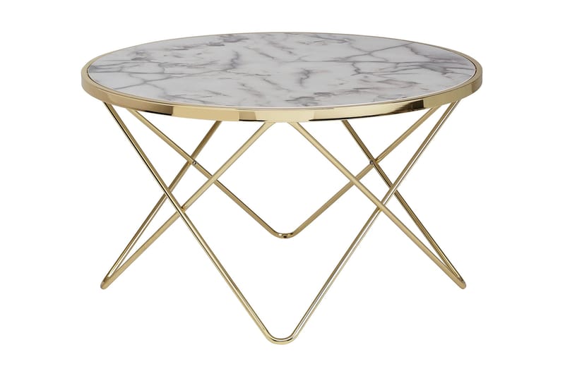 Ayon Sofabord 85 cm Rundt Marmormønster - Hvid/Guld - Semmenfoldeligt bord - Spejlbord - Sofabord - Sofabord med opbevaring - sofabord med hjul - Hæve sænke sofabord