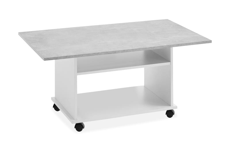 Azur Sofabord 100 cm med Opbevaring Hylde på Hjul - Hvid/Betongrå - Sofabord - Semmenfoldeligt bord - Spejlbord - Sofabord med opbevaring - sofabord med hjul - Hæve sænke sofabord