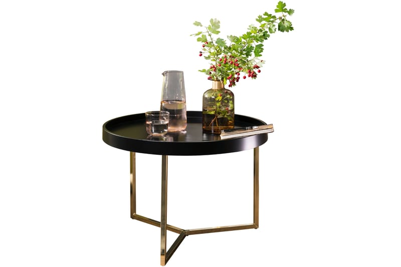 Dhir Sofabord 59 cm Rundt - Sort/Guld - Semmenfoldeligt bord - Spejlbord - Sofabord - Sofabord med opbevaring - sofabord med hjul - Hæve sænke sofabord