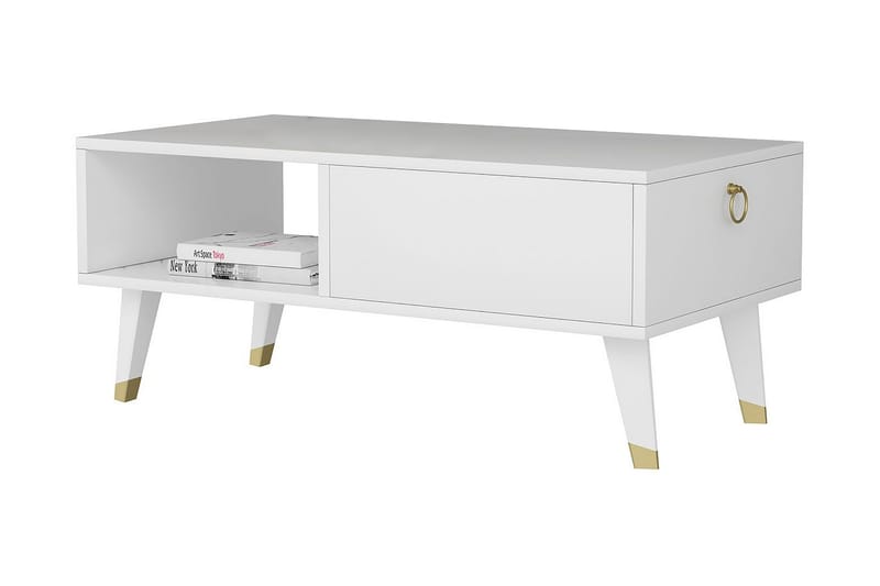 Koruco Sofabord 90x42,4x90 cm - Hvid - Sofabord - Semmenfoldeligt bord - Spejlbord - Sofabord med opbevaring - sofabord med hjul - Hæve sænke sofabord