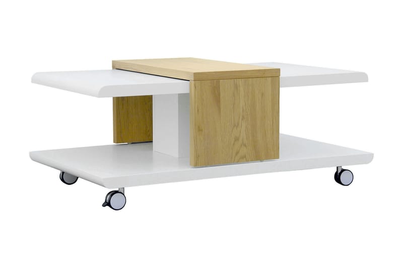 Saturnina Sofabord 110 cm med Opbevaring Hylder på Hjul - Hvid/Træ - Sofabord - Semmenfoldeligt bord - Spejlbord - Sofabord med opbevaring - sofabord med hjul - Hæve sænke sofabord