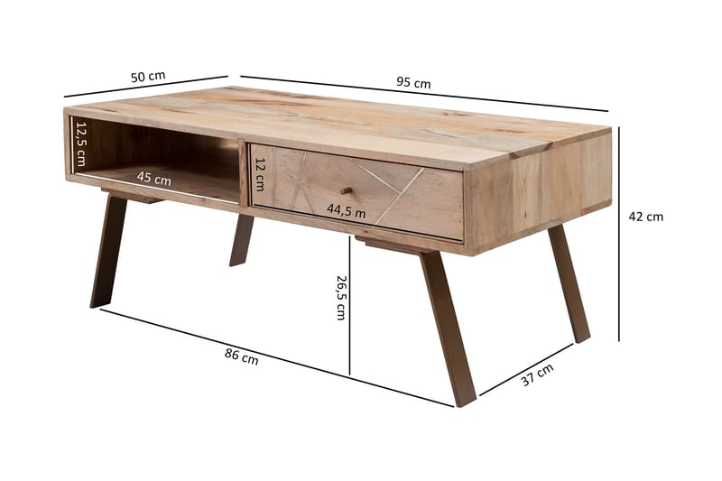 Sekuterski Sofabord 95 cm med Opbevaring Skuffe + Hylde - Massivt Træ - Sofabord