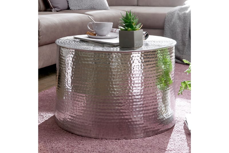 Xeniah Sofabord 61 cm Rundt - Sølv - Semmenfoldeligt bord - Spejlbord - Sofabord - Sofabord med opbevaring - sofabord med hjul - Hæve sænke sofabord