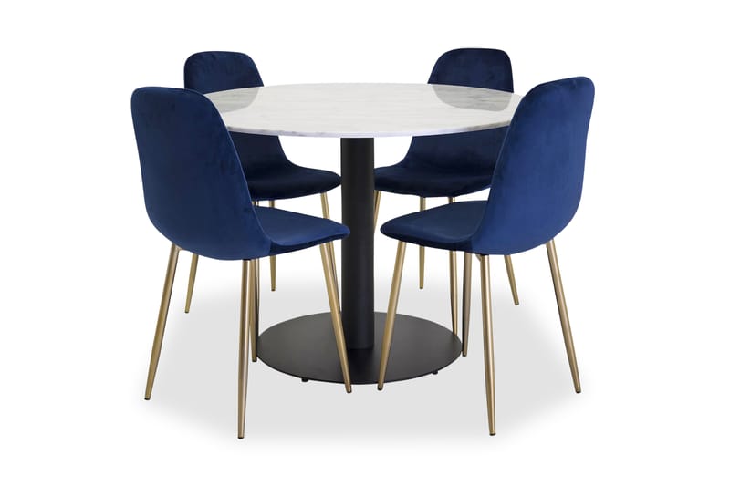 Admira Spisebordssæt Rund Marmor med 4 Pontus Stol Velour - Hvid/Sort/Blå/Messing - Spisebordssæt