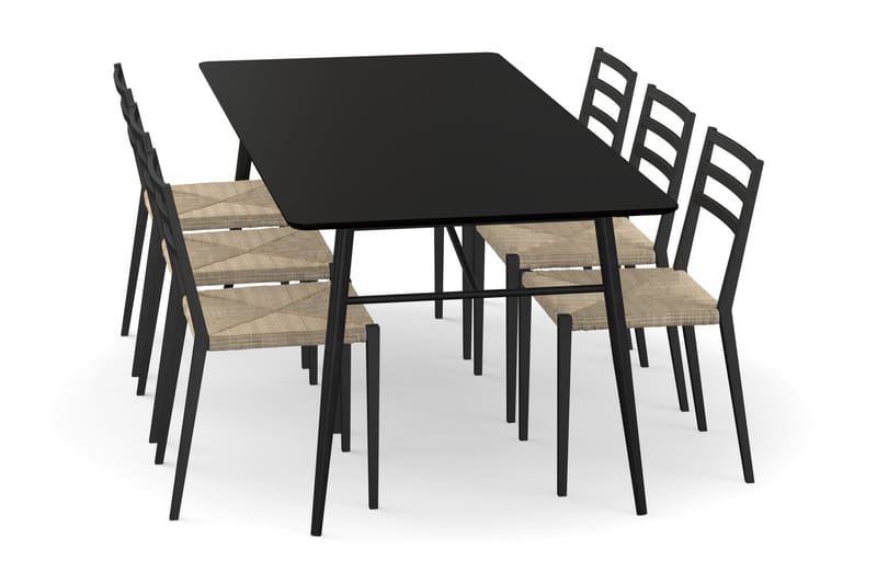 Adrianah Spisebord 200 cm med 6st Milakh Spisebordsstole - Beige/Sort - Spisebordssæt