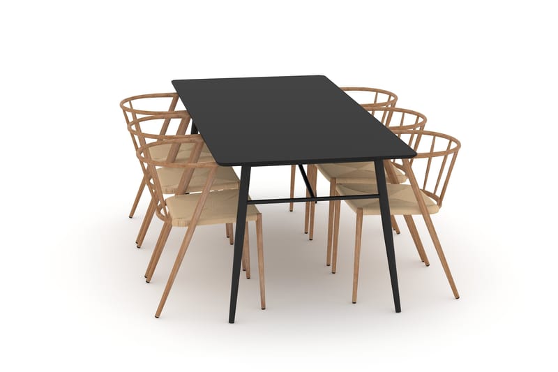 Adrianah Spisebord 200 cm med 6st Winston Spisebordsstole - Beige/Sort - Spisebordssæt