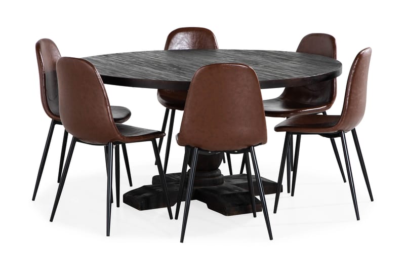 Dijon Spisebord Runt 150 cm 6 Dining  chair, brown pu - Spisebordssæt