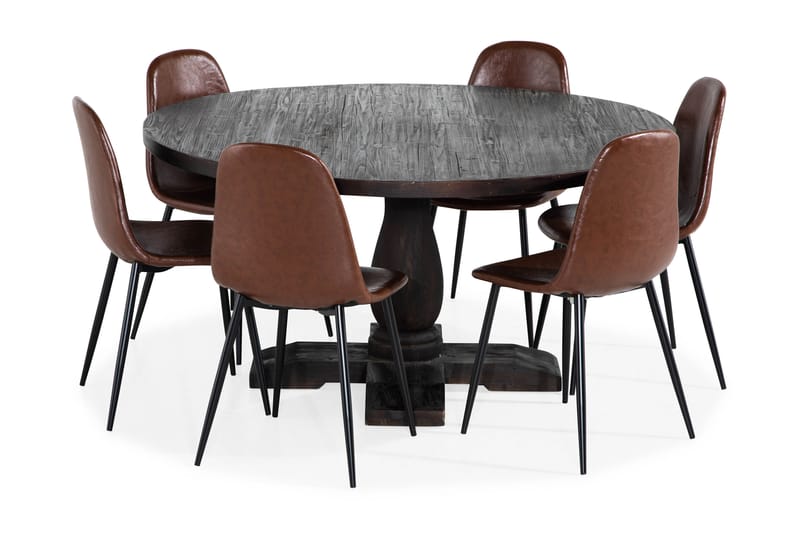 Dijon Spisebord Runt 150 cm 6 Dining  chair, brown pu - Spisebordssæt