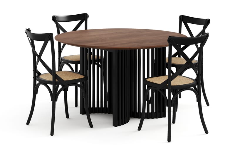 Loura Spisebord 130 cm Rundt med 4 Kalb Spisebordsstole - Brun/Sort - Spisebordssæt