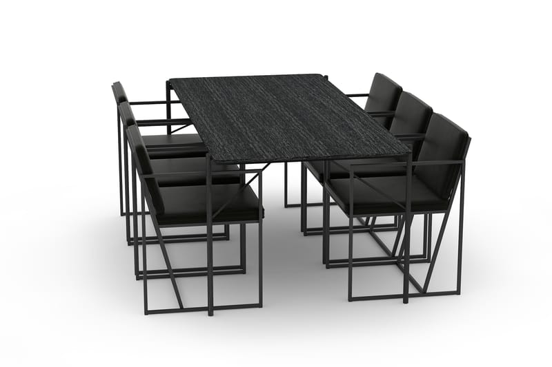 Thars Spisebord 200 cm med 6st Indy Køkkenstol Velour - Sort - Spisebordssæt