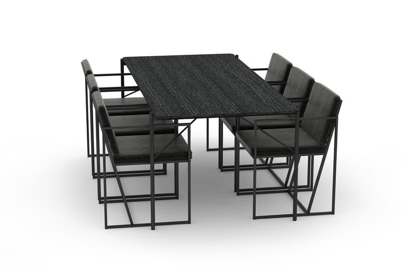Thars Spisebord 200 cm med 6st Indy Køkkenstol Velour - Sort - Spisebordssæt