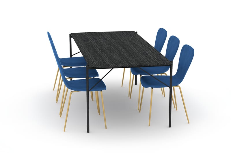 Thars Spisebord 200 cm med 6st Perco Køkkenstol Velour - Sort - Spisebordssæt