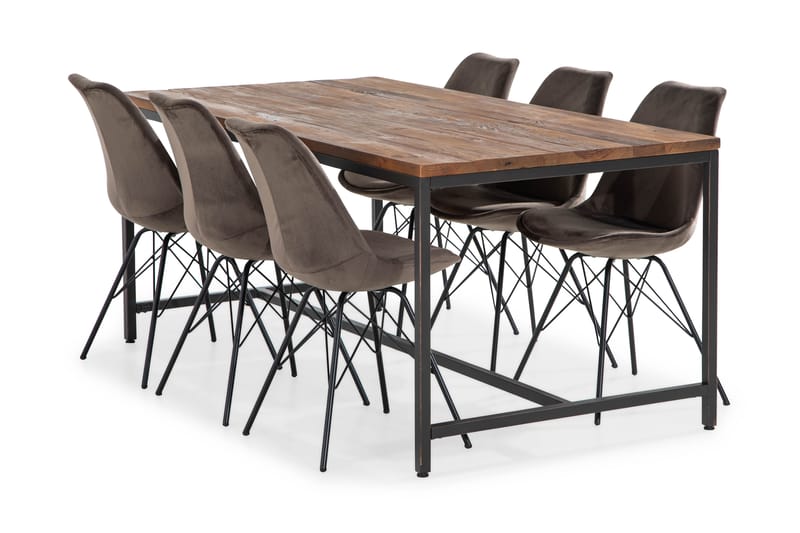 Wilmer Spisebordssæt 180 cm med 6 Shell Stol Velour - Brun/Grå - Spisebordssæt