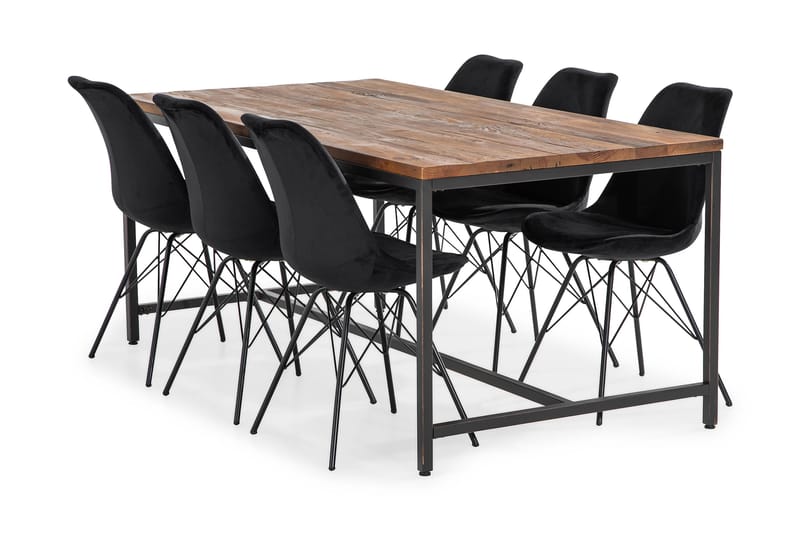 Wilmer Spisebordssæt 180 cm med 6 Shell Stol Velour - Brun/Sort - Spisebordssæt