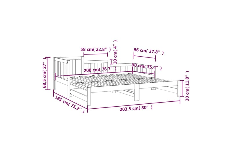 beBasic daybed med udtræk 2x(90x200) cm massivt fyrretræ - Brun - Møbler - Senge - Sengeramme & sengestel