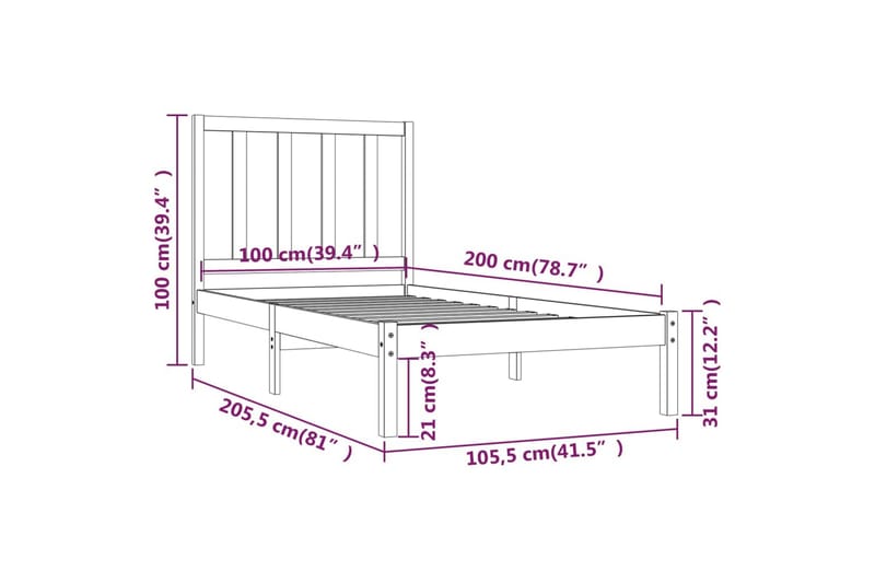 beBasic sengeramme 100x200 cm massivt fyrretræ - Brun - Møbler - Senge - Sengeramme & sengestel