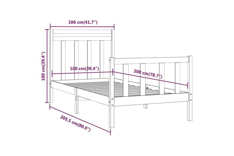 beBasic sengeramme 100x200 cm massivt fyrretræ - Brun - Møbler - Senge - Sengeramme & sengestel