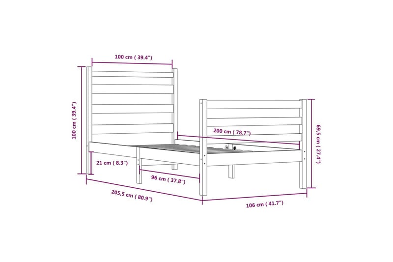 beBasic sengeramme 100x200 cm massivt fyrretræ - Brun - Møbler - Senge - Sengeramme & sengestel